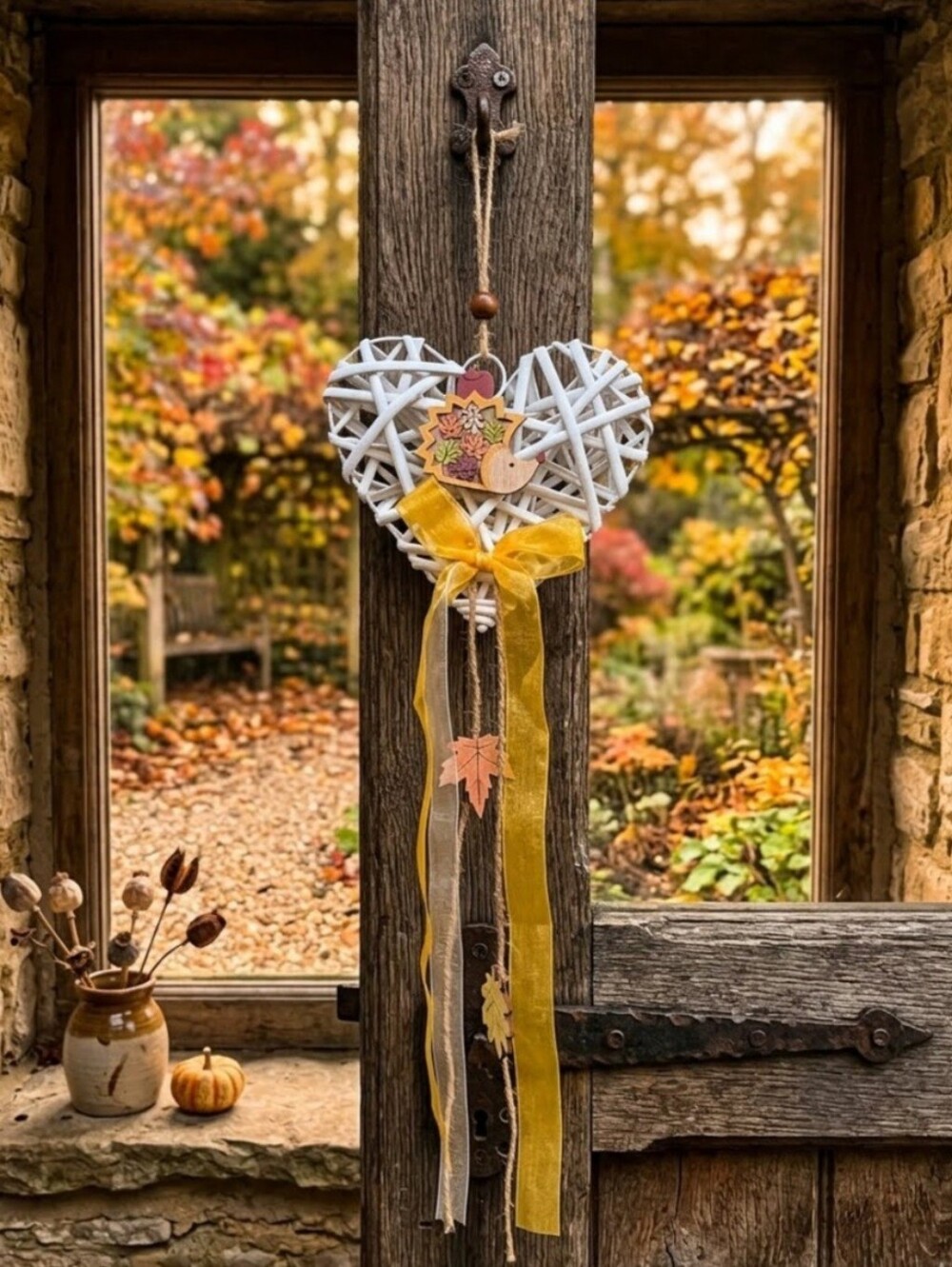 White Wicker Heart Hanging Ornament - Rustic Autumn Decor.